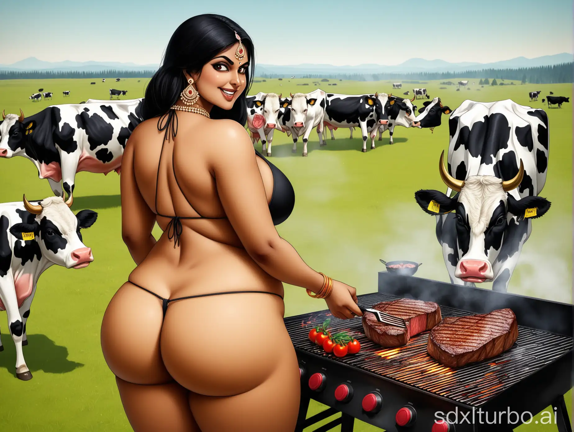 rear view, natural, gorgeous, thick Indian woman, big booty, jewellery, string thong, evil smile, cooking steak over grill, cows grazing