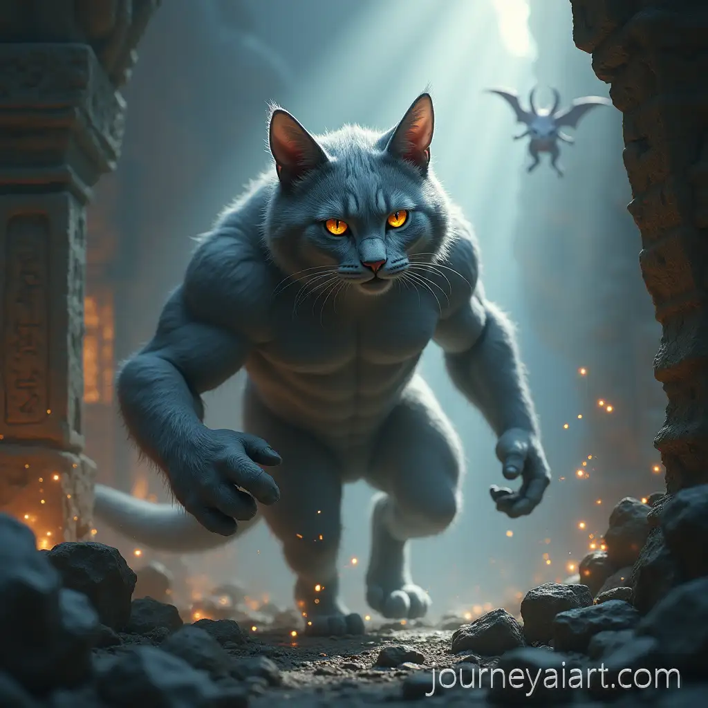 Muscular-Grey-Cat-Battling-Mythical-Creatures-in-Ancient-Magical-Ruins