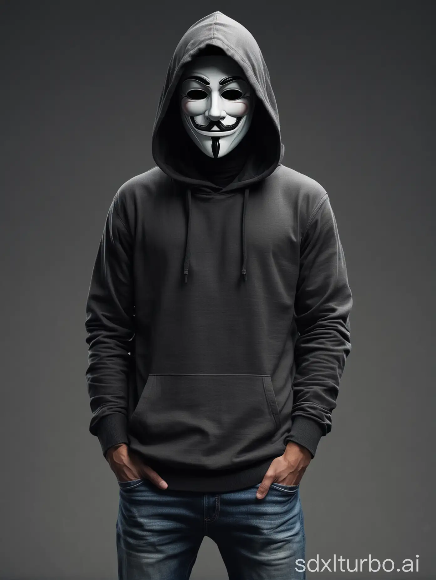 Create an anonymous computer specialist but without a mask and with darker clothing with a hood and sweater
