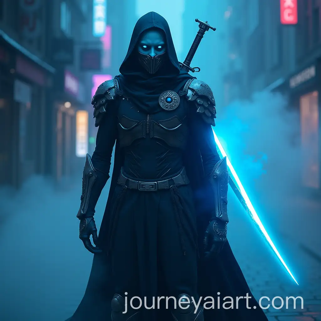 Mysterious-Cyberpunk-Phantom-with-Neon-Sword-in-Foggy-Futuristic-City