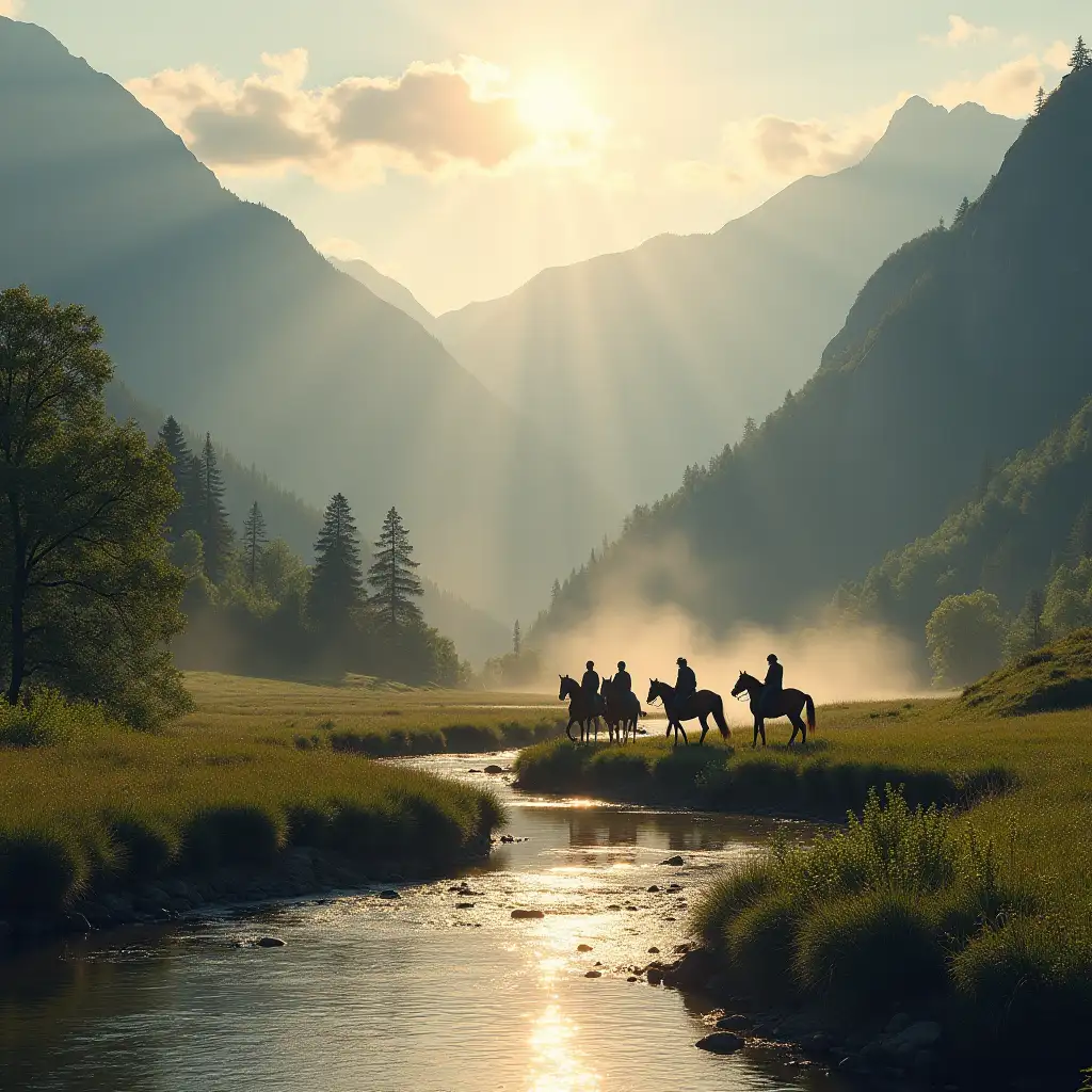 Melesini mountain, river ,sun,horses riding
