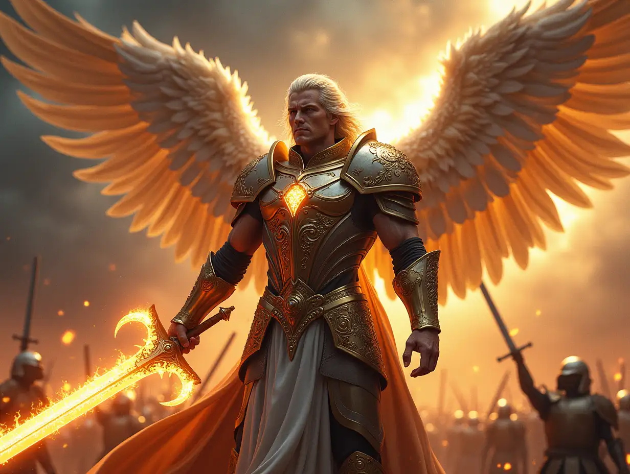 NO WINGS! A mighty Archangel stands resolute in gleaming, celestial battle armor, his figure embodying divine strength and purpose. His face is intense, eyes glowing with determination, but without the traditional wings that symbolize flight. Instead, his form is entirely human-like, focusing on the raw spiritual power that emanates from within. Clad in armor adorned with sacred inscriptions, he wields a massive flaming sword, its fiery glow casting a warm light against the stormy, war-torn sky. The absence of wings highlights his grounded, earthly presence, while the storm and battlefield in the background shows his warriors with swords lifted up and dark clouds swirling ominously overhead.