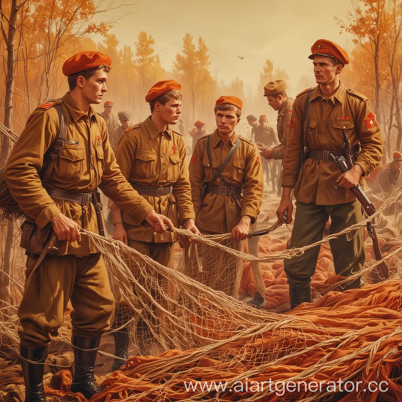 Soviet-Style-Poster-Russian-Soldiers-and-Volunteers-Weaving-Nets