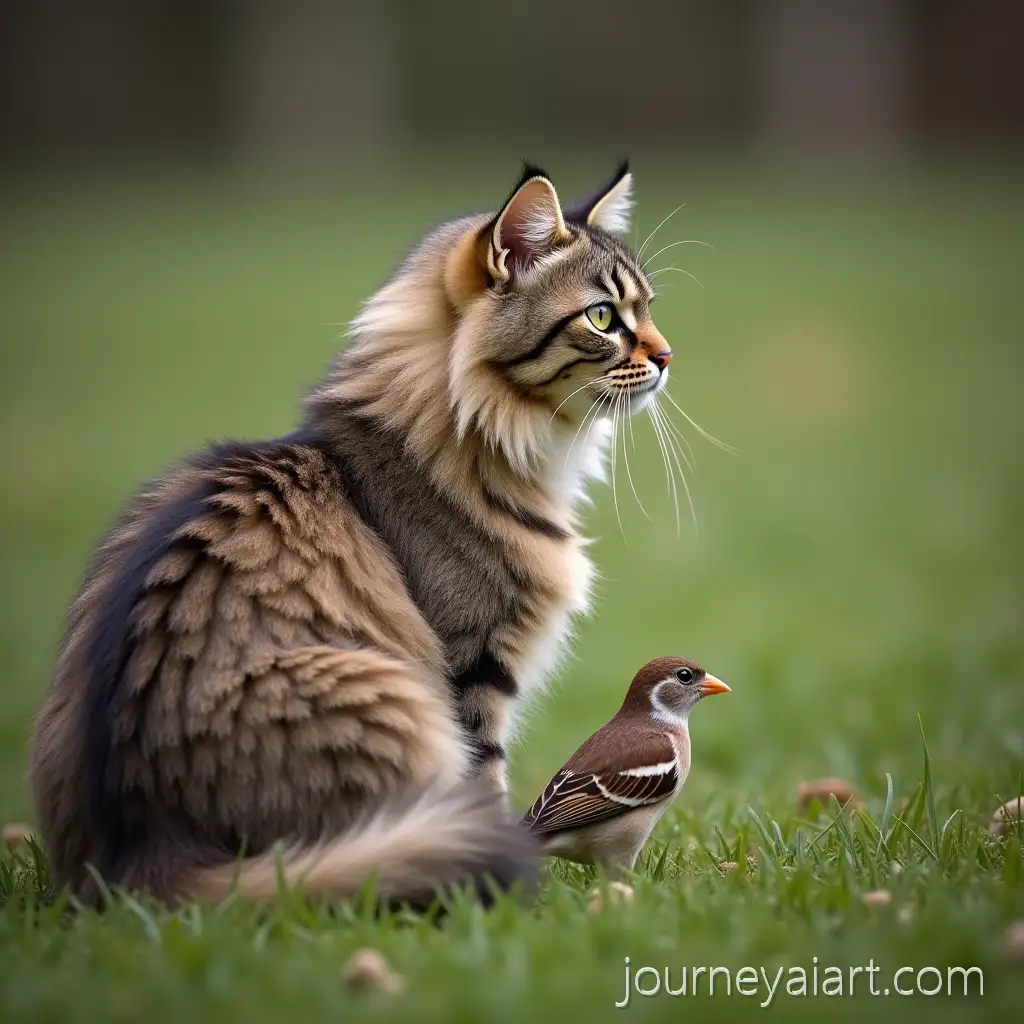 Siberian-Cat-Watching-Sparrows-on-Grass