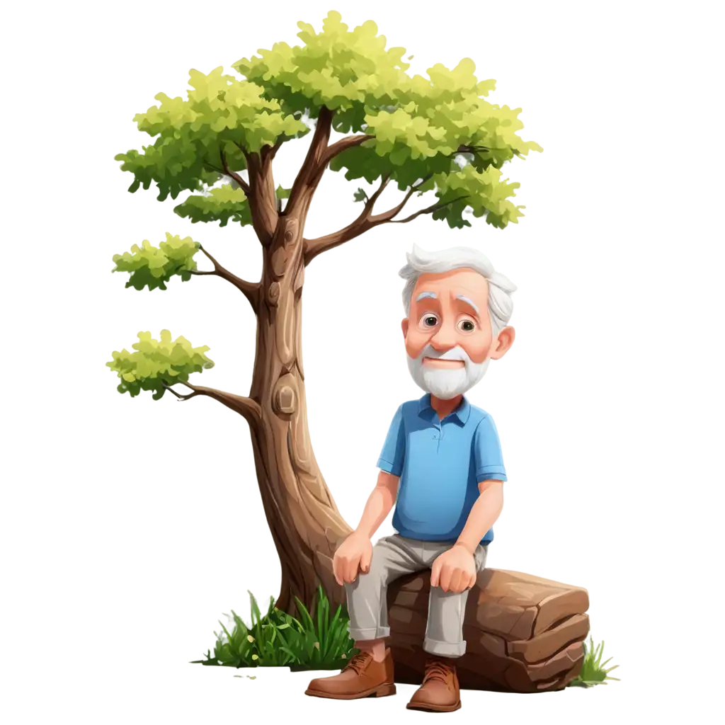 Adorable-PNG-Cartoon-of-an-Old-Man-Sitting-Under-a-Tree-Educational-Illustration