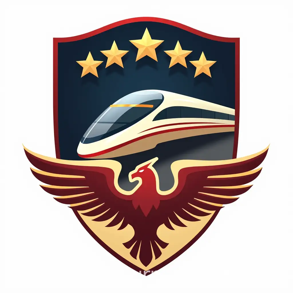 ShieldShaped-Logo-with-Golden-Stars-HighSpeed-Train-and-Roc-with-Spread-Wings