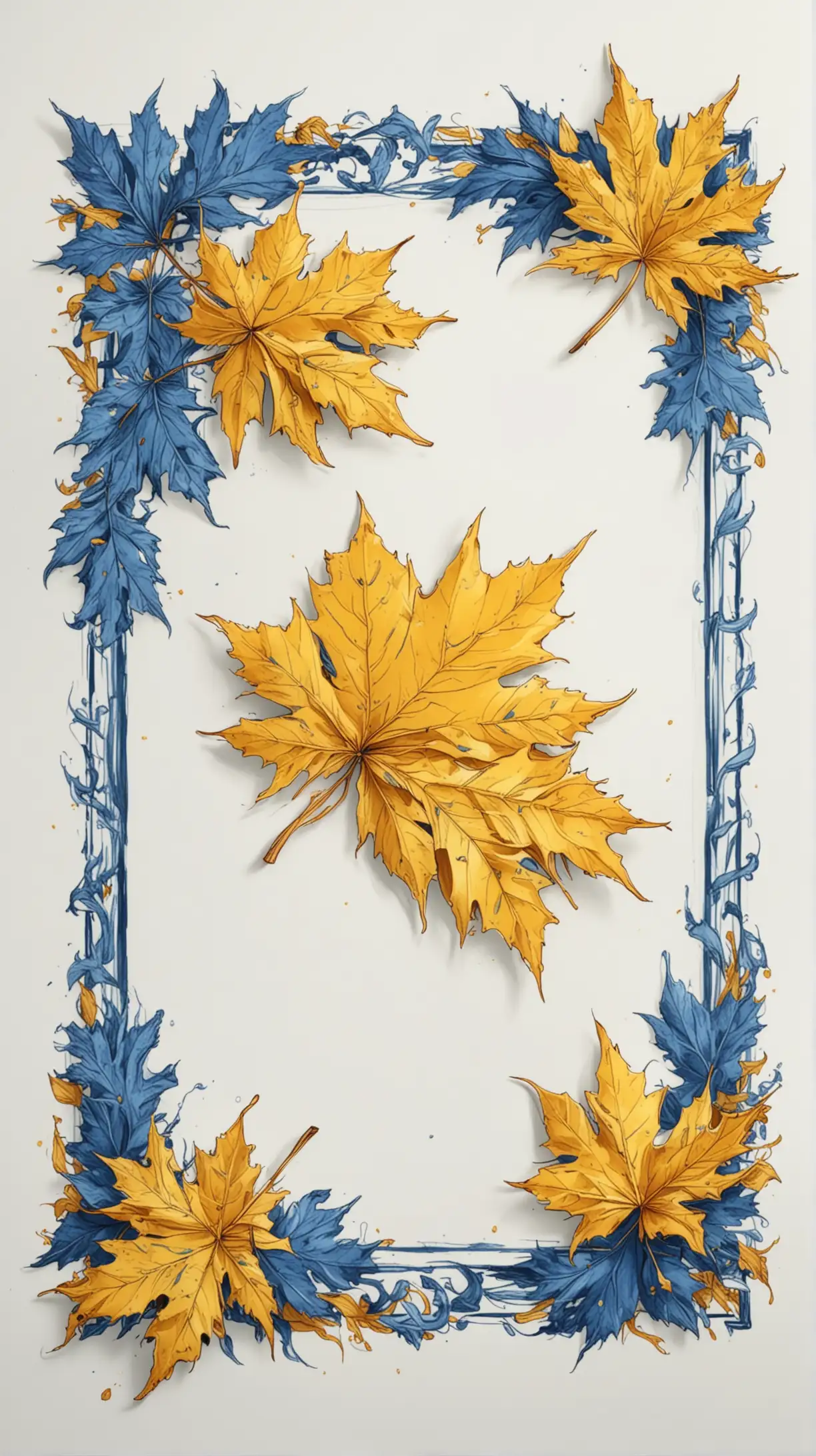 Anime Style Frame with Maple Leaves in Blue and Yellow Colors