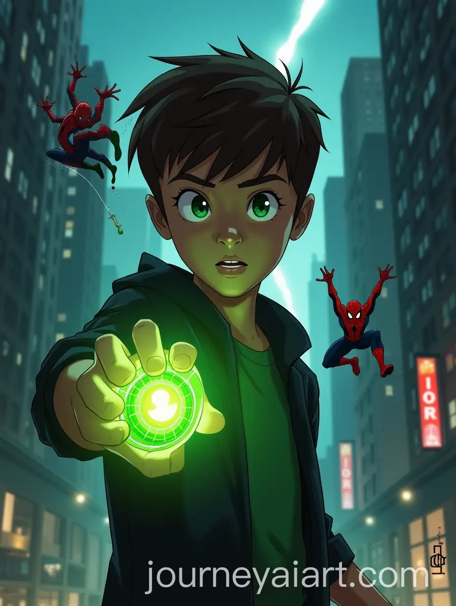 Teenage-Boy-with-Omnitrix-in-Dark-New-York-City-SpiderMan-and-Alien-Figures-in-the-Background