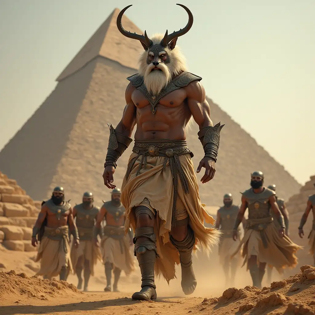 Man titan with wolf head, horns 10 meters tall with muscles and white beard at the Egyptian pyramid with humans