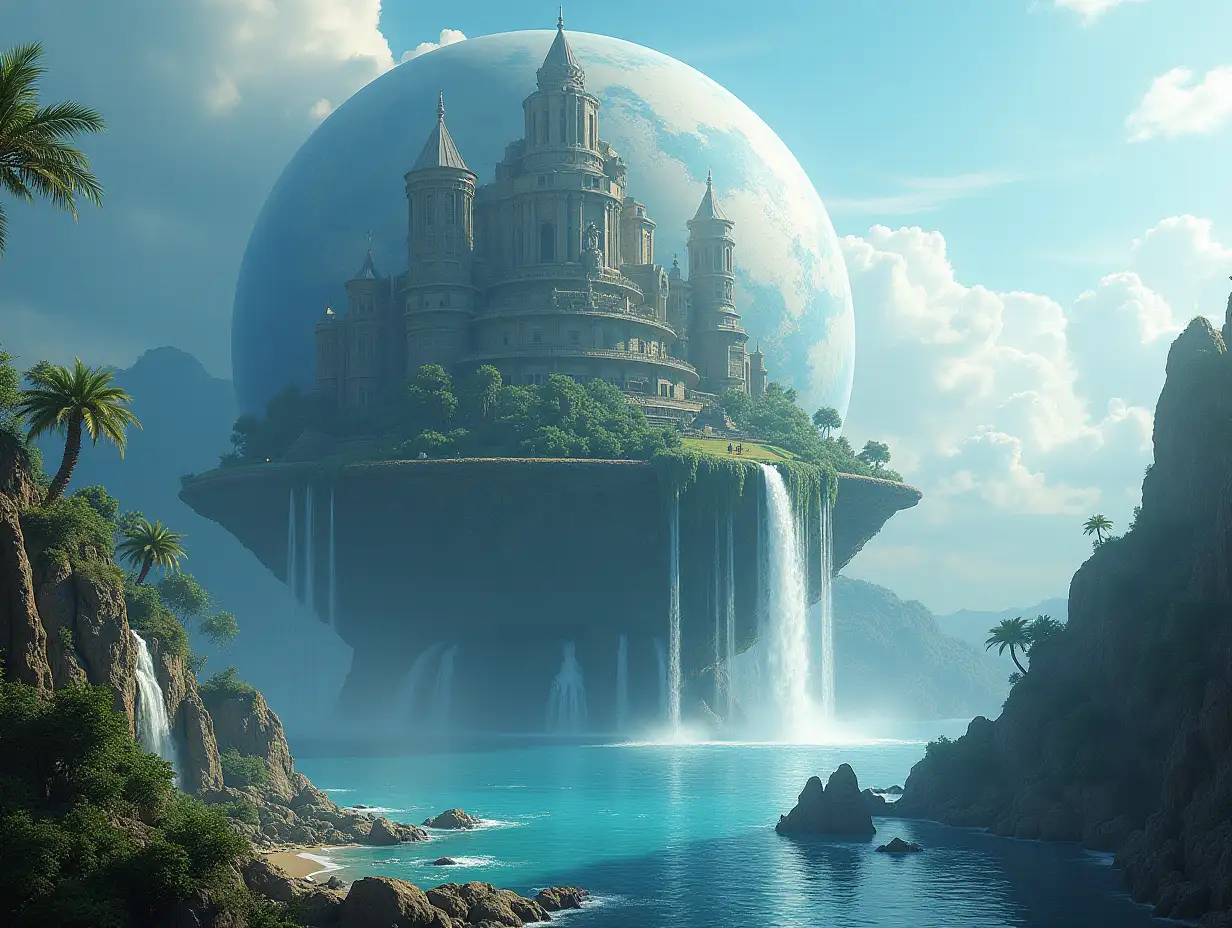 Create for me a photorealistic image of Paradise on a large planet with towers, sea and waterfalls