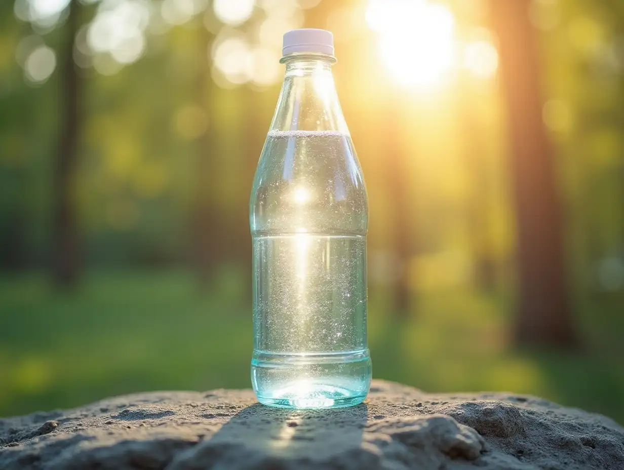 A bottle of water stands on a stone, the bright sun shines on it.