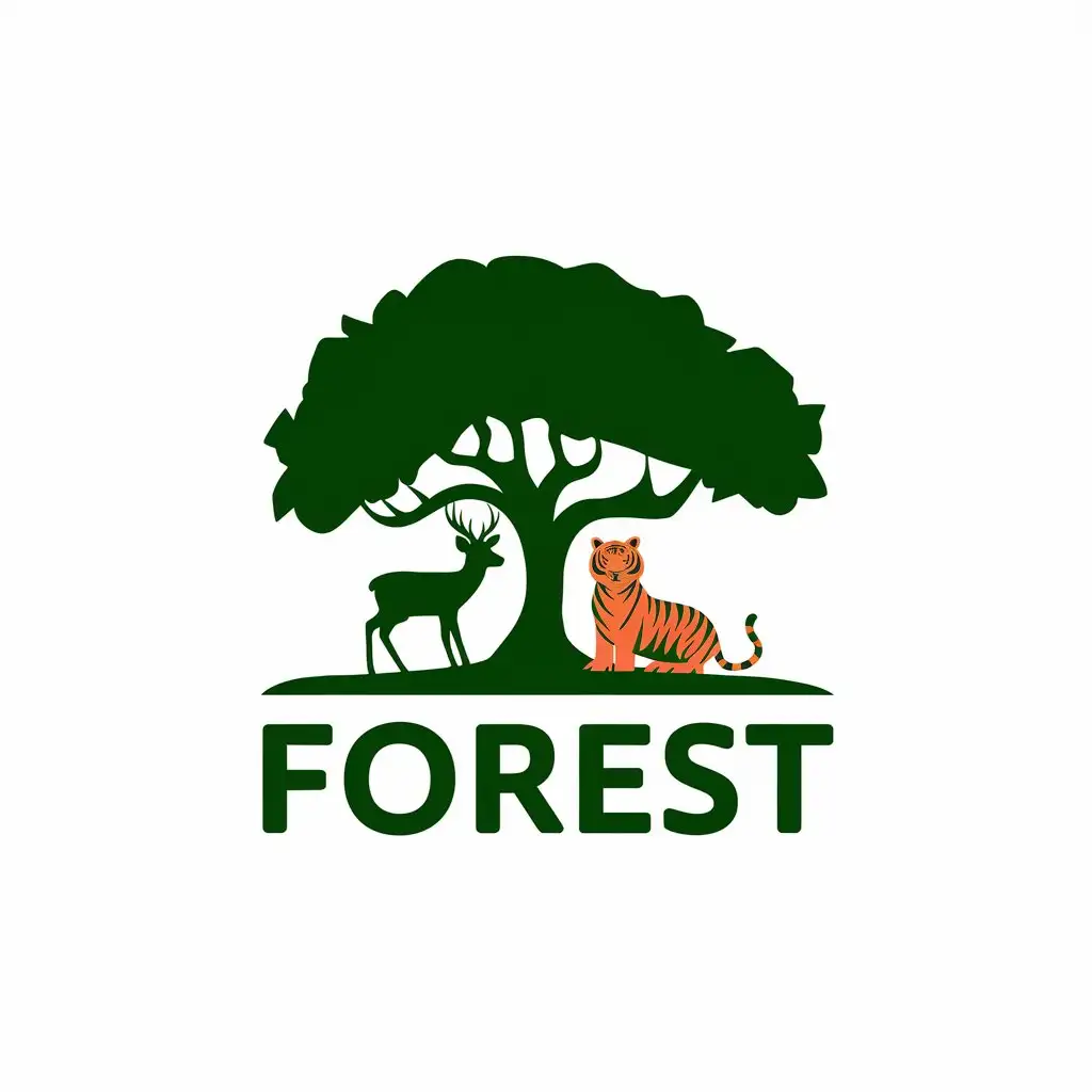 LOGO Design for Forest Vector Logo with Big Tree Deer and Tiger for Travel Industry