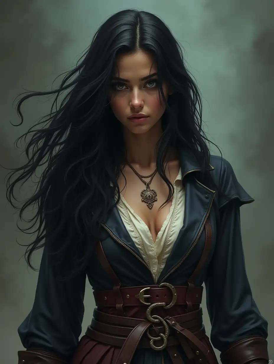 depiction of a beautiful white woman with long mixed white-black hair in a pirate assassin