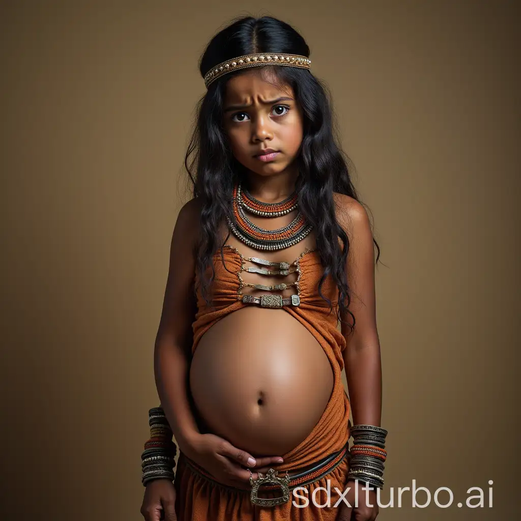 Portrait-of-a-Confused-Tribal-Girl-with-a-Pregnant-Belly