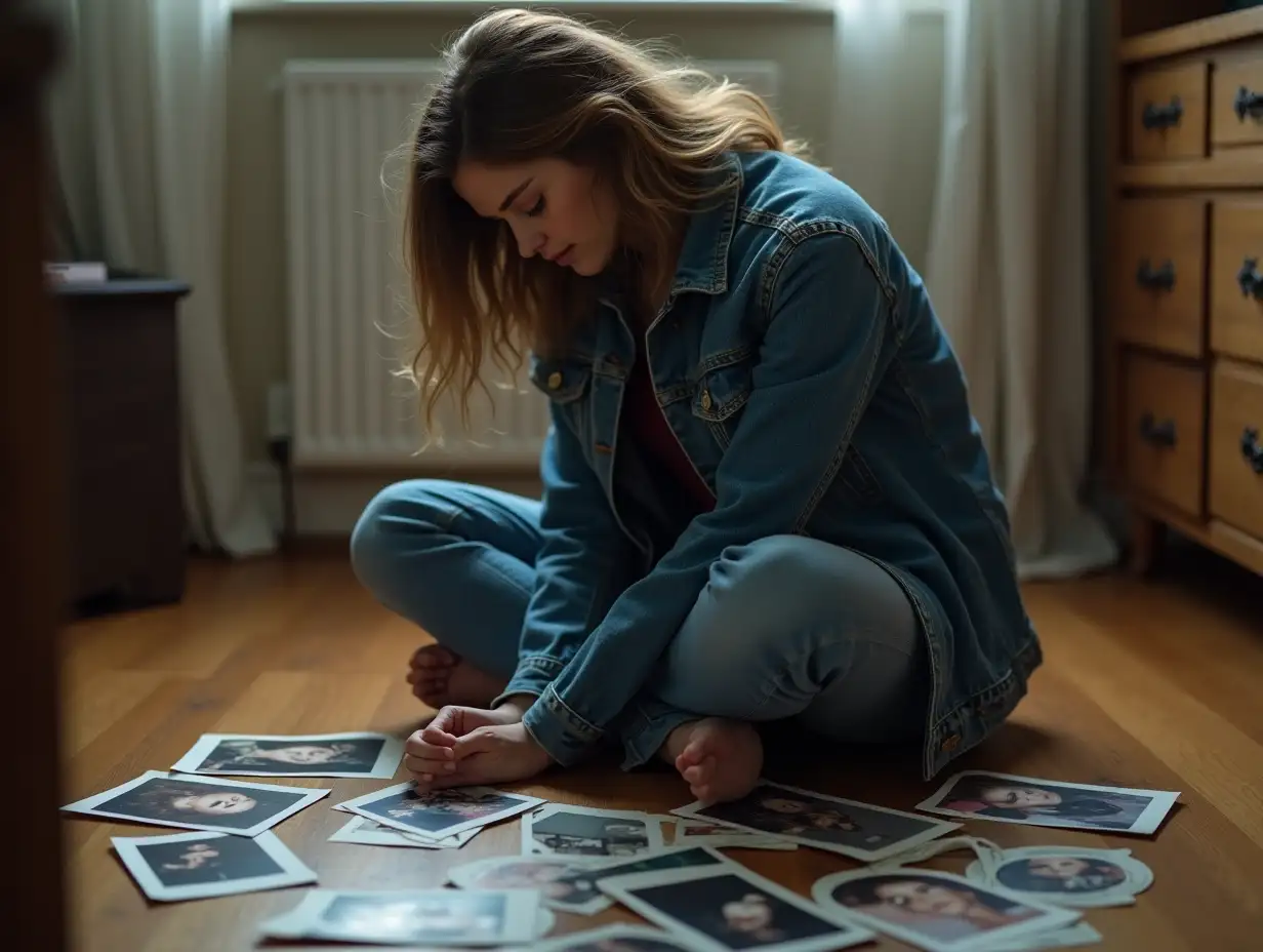 Young-Woman-Sitting-on-Floor-Surrounded-by-Scattered-Photographs-in-Room