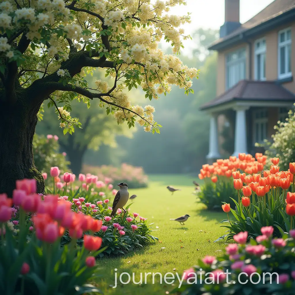 Morning-Garden-Scene-with-Jasmine-Tulips-and-Chirping-Sparrows