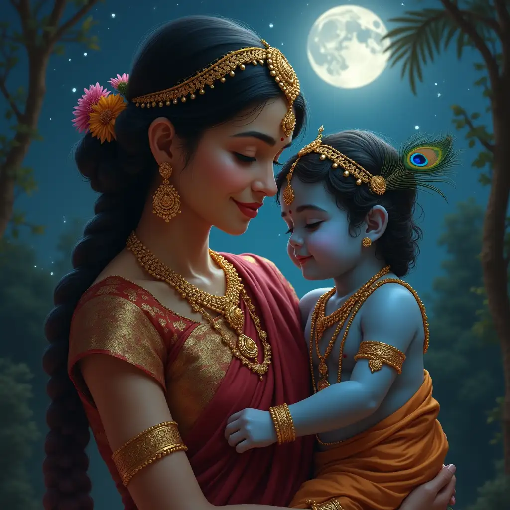 Mother-Holding-Little-Krishna-Under-Moonlight-with-Intricate-Indian-Attire-and-Jewelry