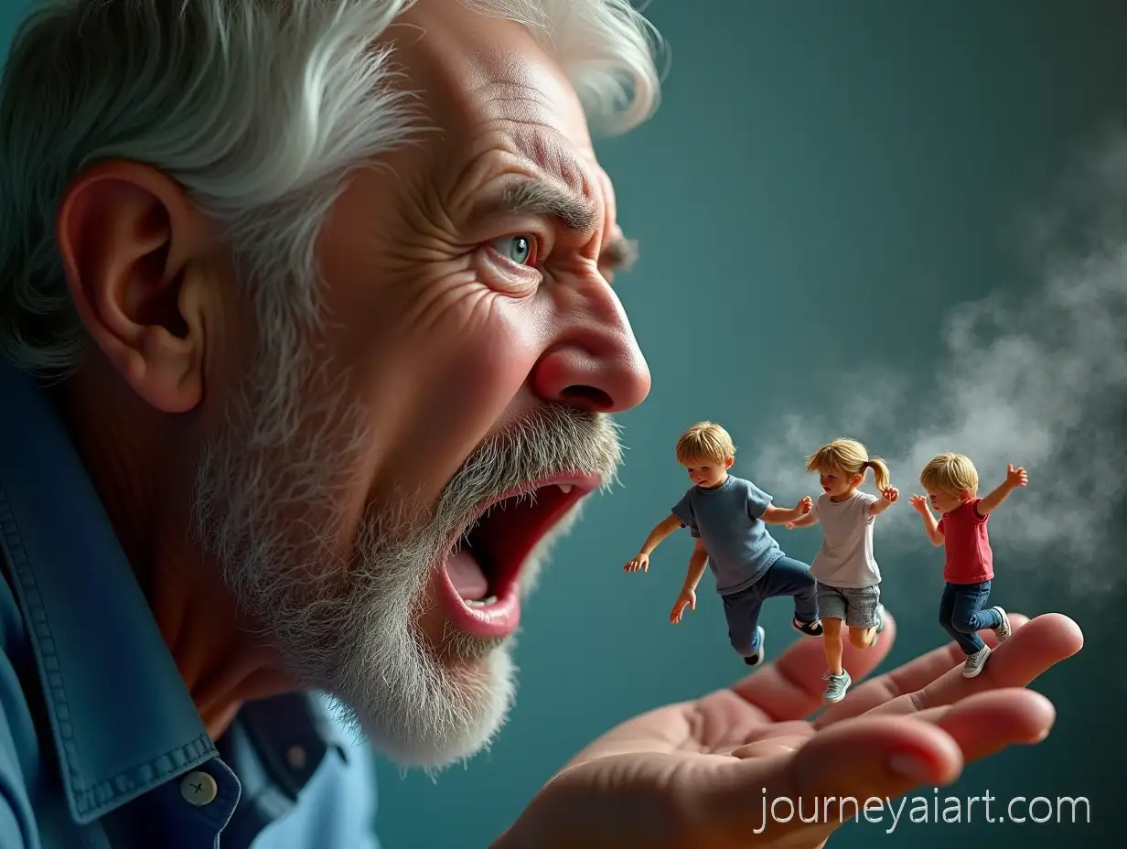 HyperRealistic-CloseAI-Image-Prompt-ExpansionUp-of-a-Man-Coughing-with-Miniature-Family-Members-Suspended-in-Air