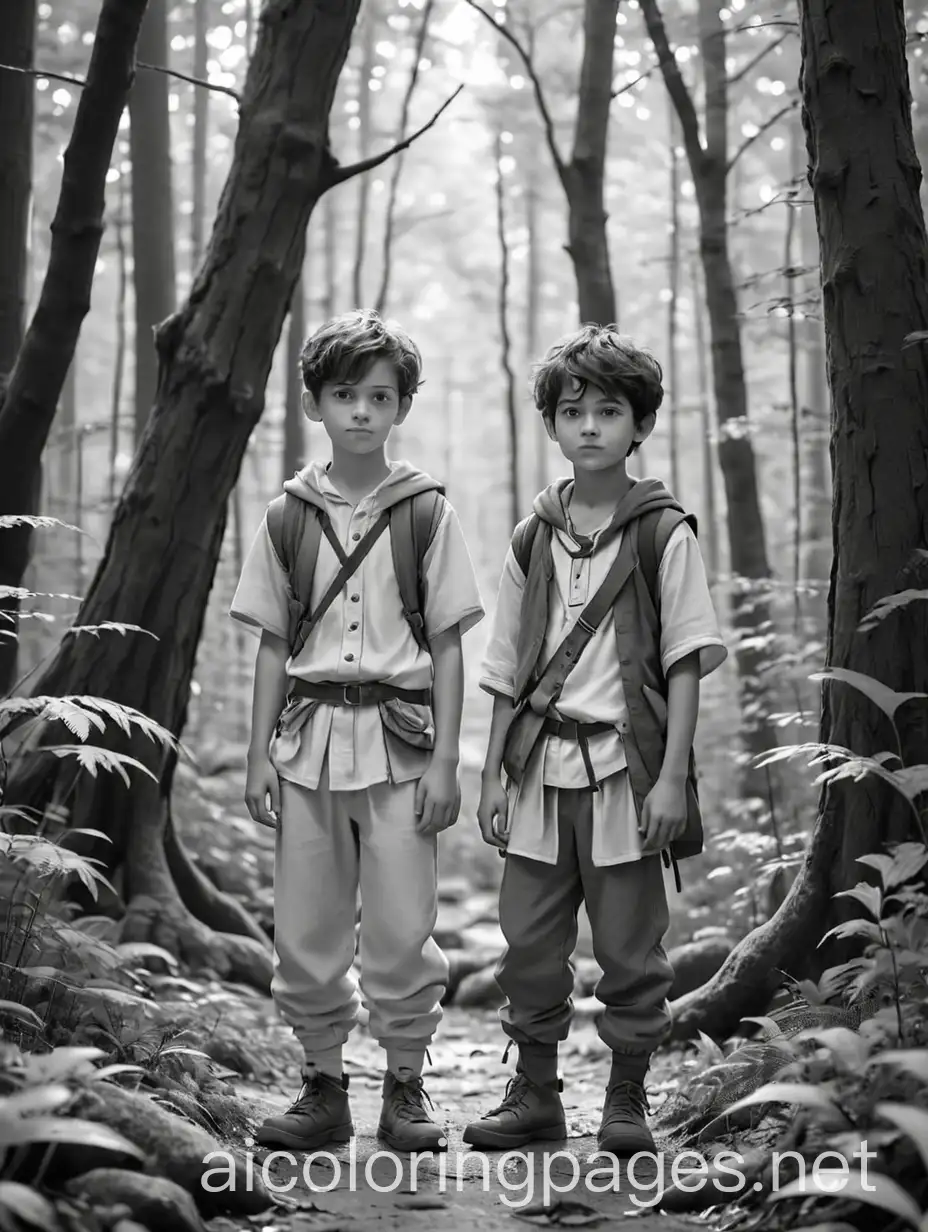 Two-Boys-in-Fantasy-Clothes-Exploring-a-Magical-Forest-Kids-Coloring-Page