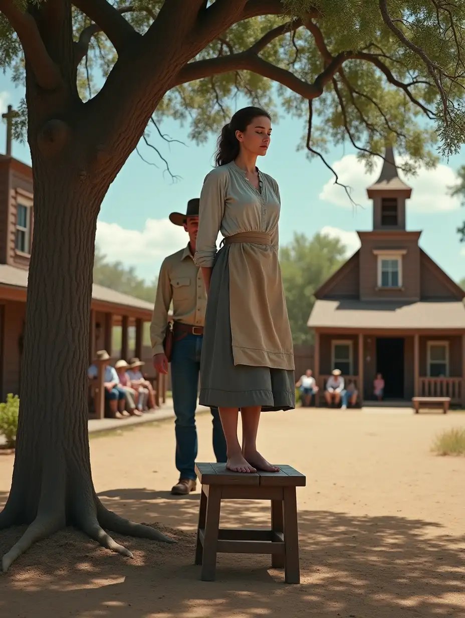 Western Village Scene Woman on Stool in 1800s Texas