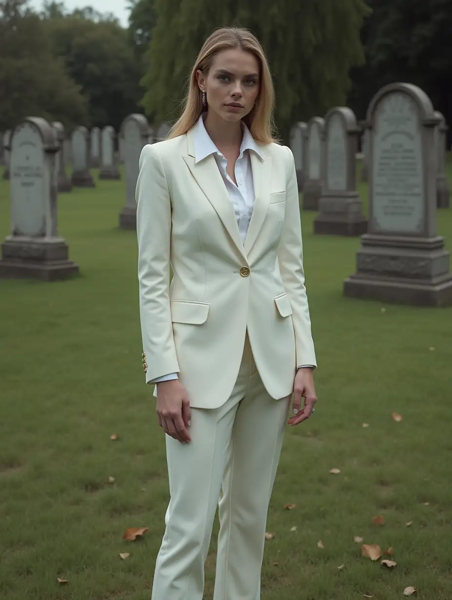 Teagan-Croft-in-Iconic-White-Suit-at-Daytime-Graveyard