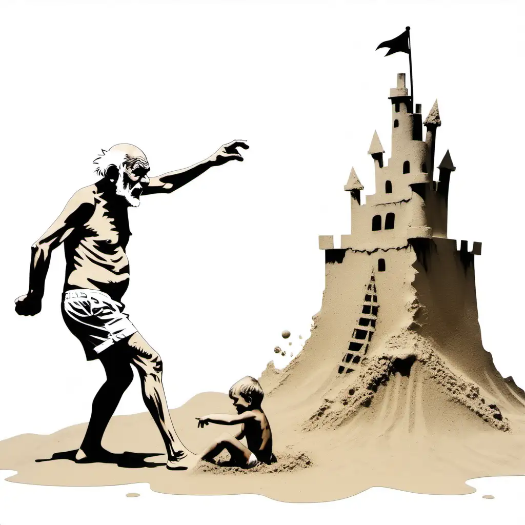 Create a stencil art style Banksy image of an angry old man in underwear kicking a sandcastle made by a crying child. with a completely white background