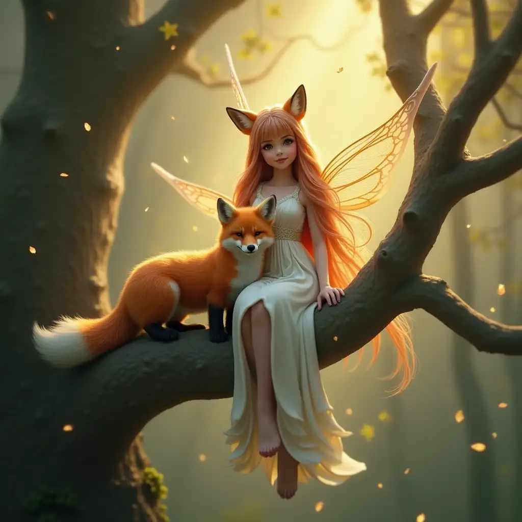 a woman sitting on a tree branch with a fox, digital art, by Cynthia Sheppard, fantasy art, beeple and jeremiah ketner, stunning 3d render of a fairy, photo of a beautiful, miniature fox, spirit hugs, margot robbie as a fairy, cgsociety - w 1 0 2 4 - n 8 - i, ethereal!!! ultra realistic, foxes