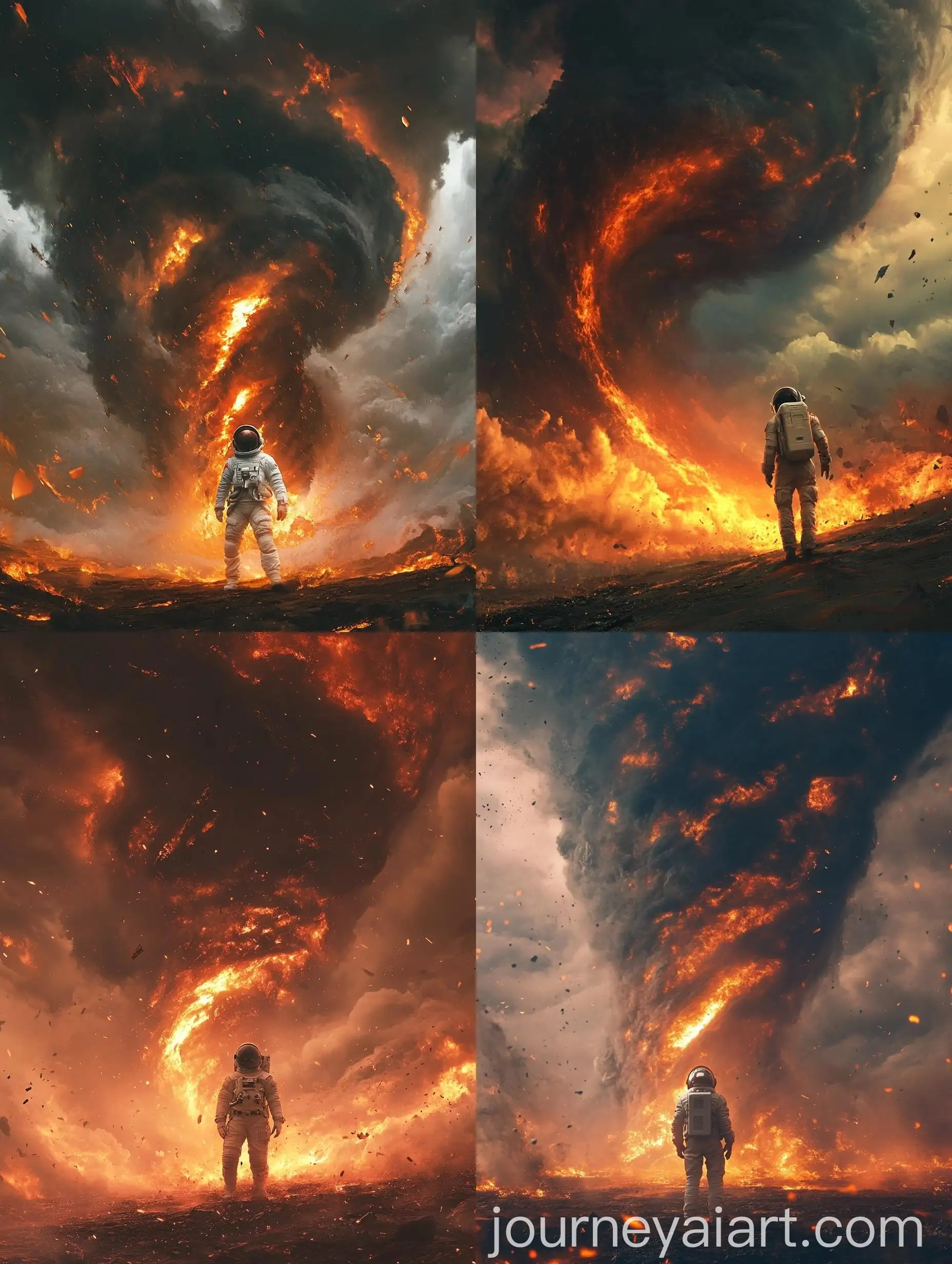 Astronaut-Confronts-Massive-Fiery-Tornado-in-Barren-Landscape