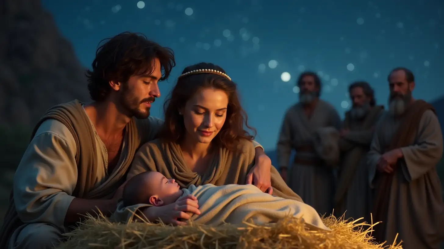 Young Parents Gazing at Their Sleeping Baby Under a Starry Biblical Sky