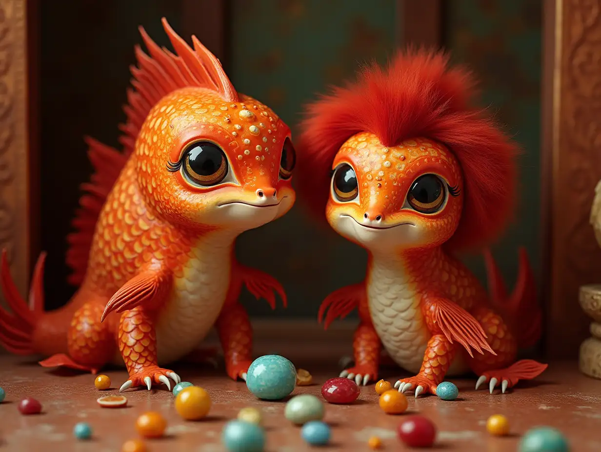 Two young red-gold patterned fish with alien face, with red hair, with a slight smile on their faces, highlighting their smiles, modern retro jewelry, in a temple with many diamonds of various shades 4k