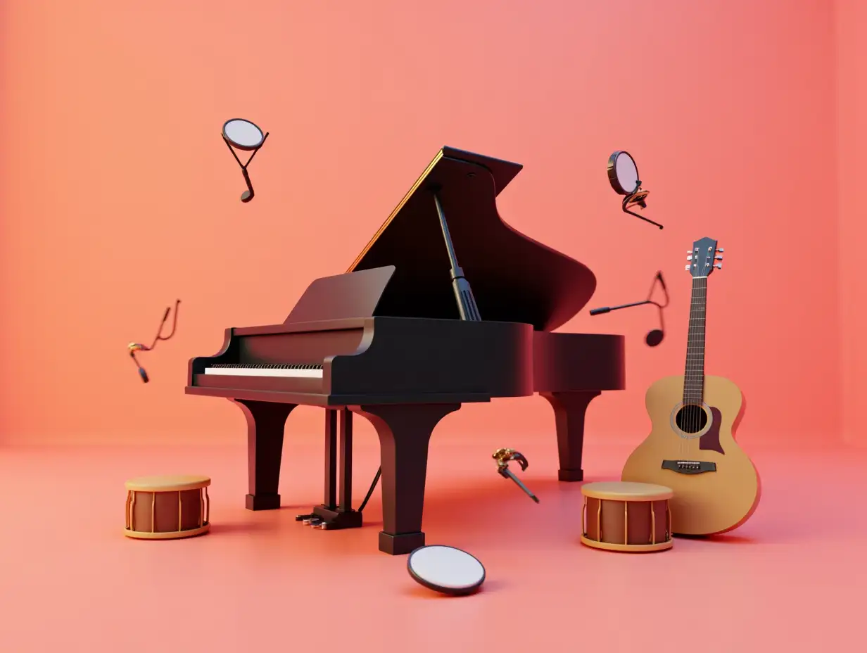 A 3d rendering shoot from a front camera angle about a grand piano and various musical instruments on a gradient background. the image also shows a black grand piano in the center of the image, a guitar on the right side, and various percussion instruments scattered around it. the grand piano is the main focus, with its glossy black finish and black keys clearly visible. the guitar is an acoustic model with a light brown body and a curved neck, and it is positioned on the left side of the piano. the drums are of different sizes and colors, including brown, white, and black. the background is a gradient of pink and orange hues, creating a warm and inviting atmosphere. the music instruments are arranged in a way that creates a sense of movement and energy, with some of them flying around the piano, adding to the dynamic and lively feel of the scene.