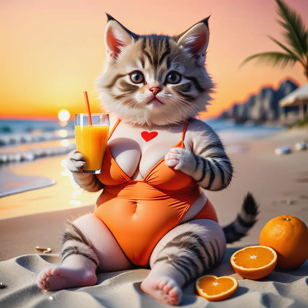 Romantic-Kitten-in-Swimsuit-with-Orange-Juice-on-Beach