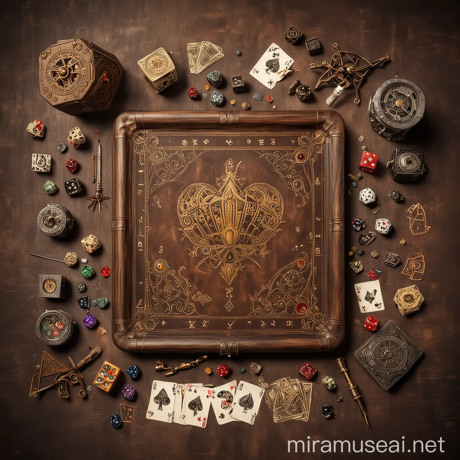 Steampunk Style Table with Magic Set Poker Cards Dice and Wand