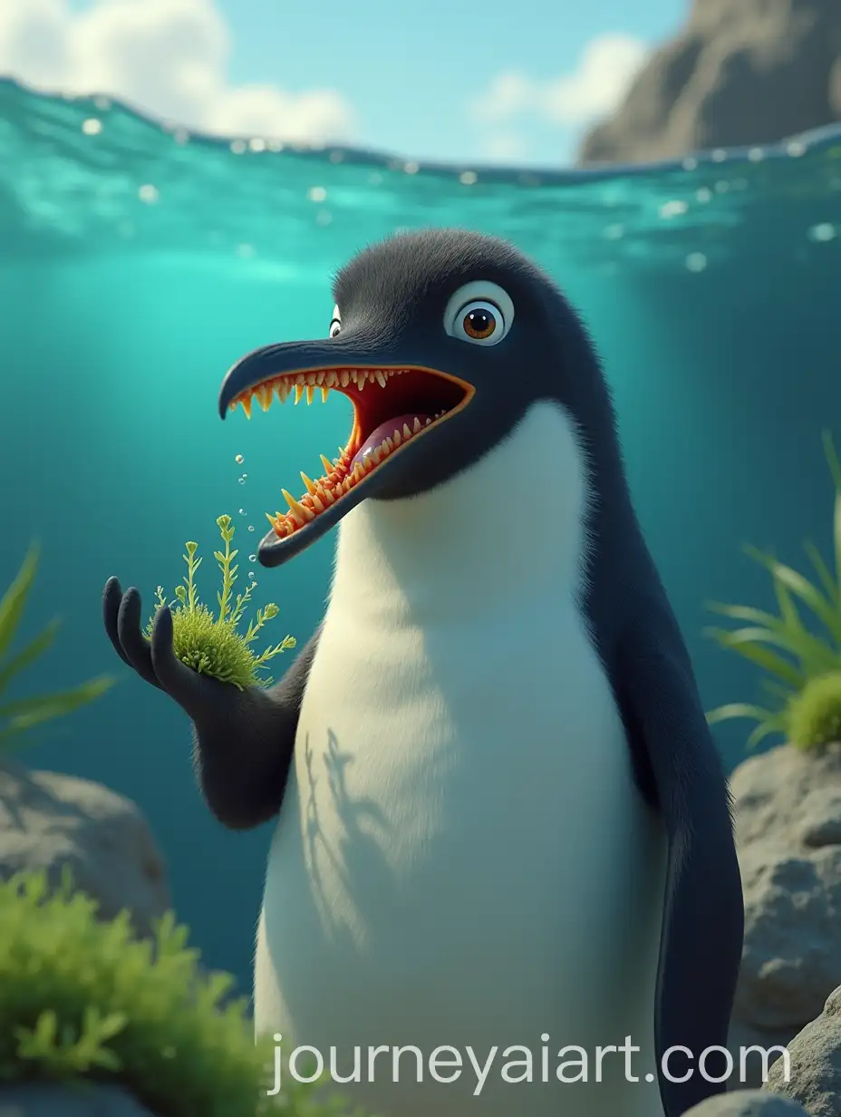 Penguin-Eating-Algae-and-Seafood-in-Pixar-Style
