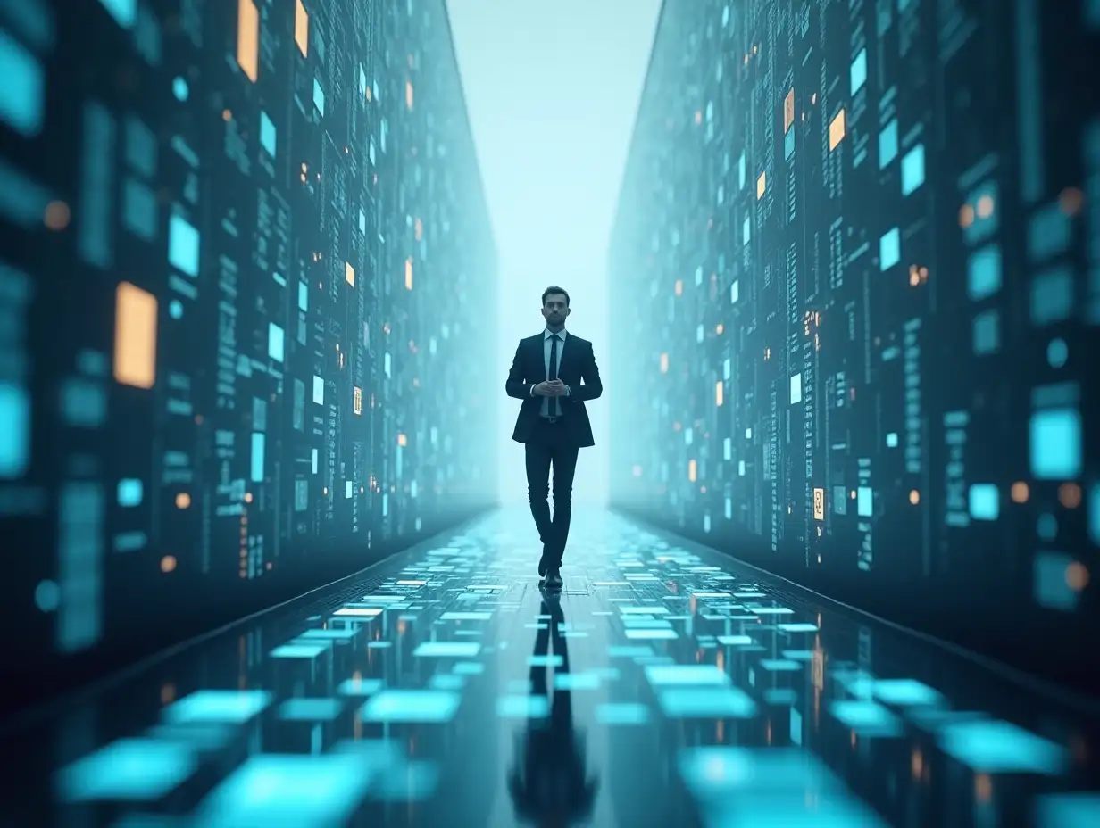 A futuristic scene showing a digital bridge made of floating data blocks connecting a law office to the online world. A lawyer is confidently walking across. Soft lighting, inspiring and techy.