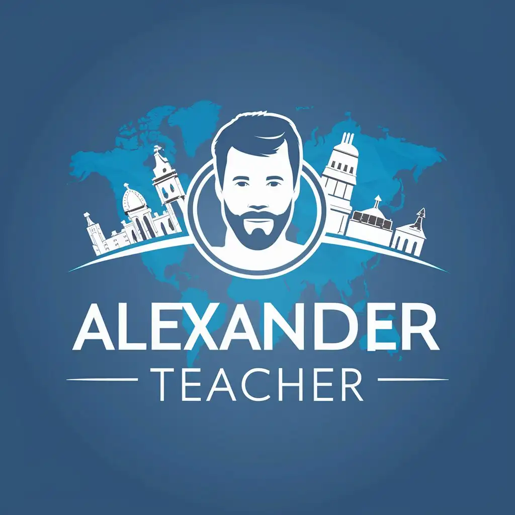 LOGO Design for Alexander Teacher Global Language Teaching in Blue Background