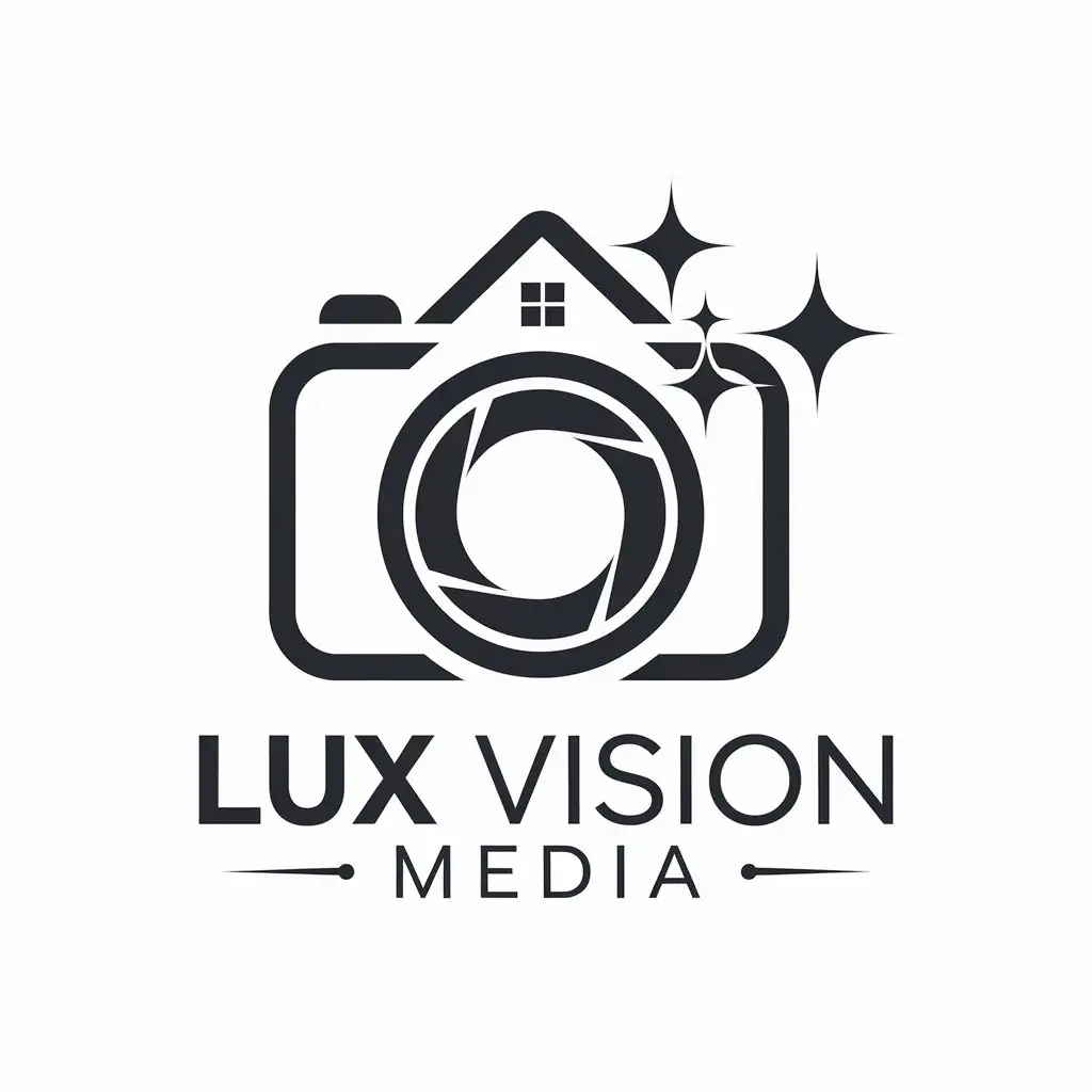 LOGO Design for Lux Vision Media DSLR Camera in House Shape with Sparkles and Artistic Touch for Real Estate