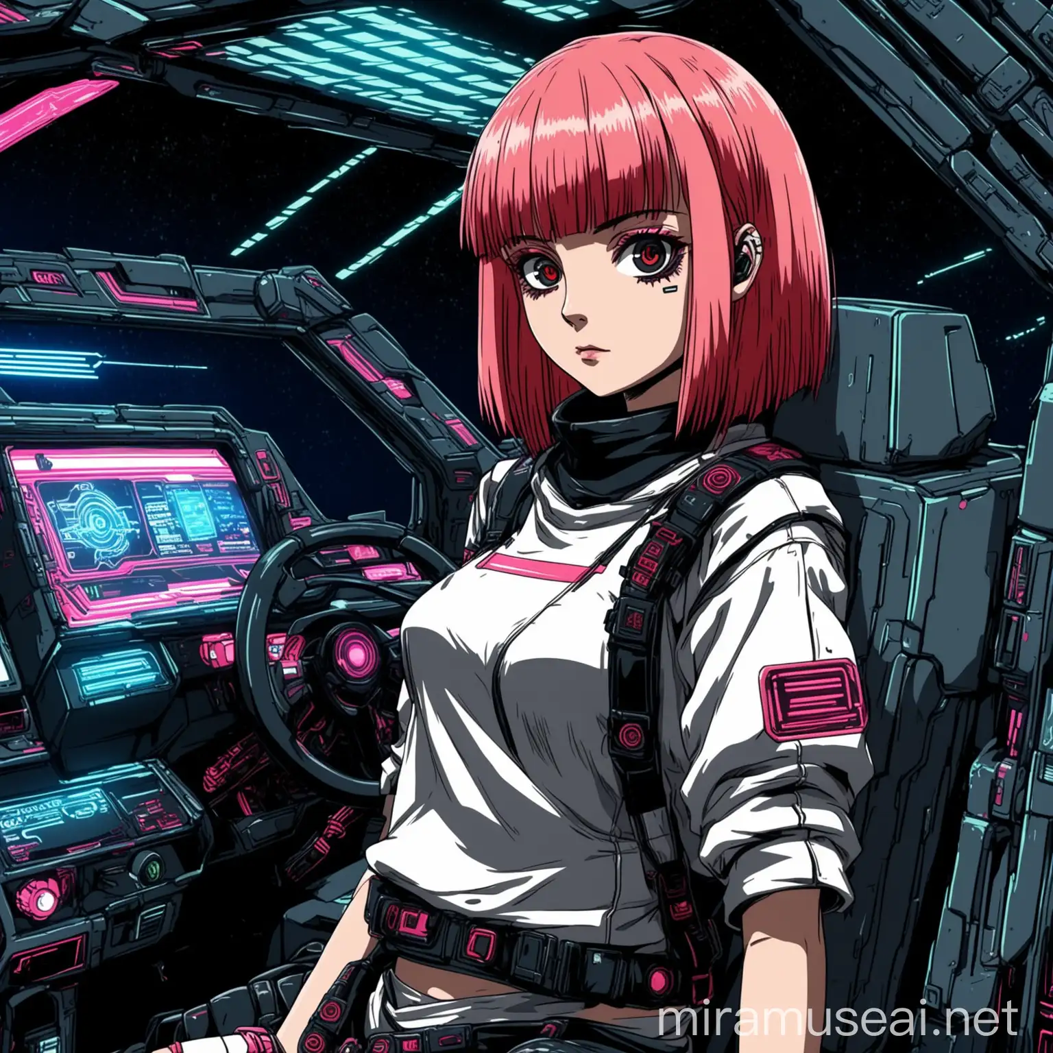 Cyberpunk Nomad Driver Young Woman with Pink and Red Bobbed Hair