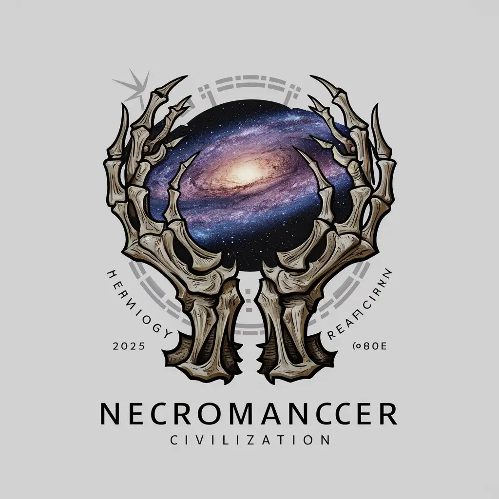 a logo design,with the text "Necromancer Civilization", main symbol:Bony hands holding a galaxy,complex,be used in Technology industry,clear background