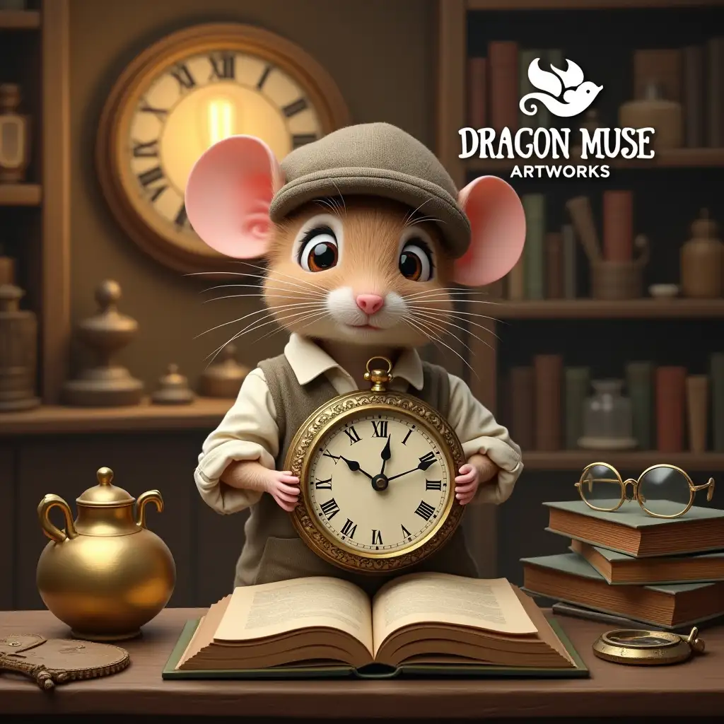 An anthropomorphic mouse character is centrally positioned, dressed in an off-white collared shirt with rolled-up sleeves, a buttoned vest, and a grayish-brown fabric hat with soft folds. The mouse has light brown fur with white highlights, large round pink ears, bright black eyes with prominent white highlights, and fine whiskers extending outward from its face. It holds a vintage brass clock with a white face displaying black Roman numerals and Arabic numerals, showing 10:09, above an open book with aged pages. The clock features intricate engravings on its rim and two gold-colored handles flanking the sides. On the wooden desk surrounding the mouse are various objects including a golden spherical object (possibly a reflective metal teapot), a small brass compass with rounded edges resting on the book, and a pair of round metallic glasses placed atop the stack of books to the right. The background depicts a cozy workshop setting filled with cluttered wooden shelves holding numerous tools, books, and other antique items. A large circular wall clock with Roman numerators glows warmly from an Edison-style filament bulb behind the mouse, casting a soft amber glow that illuminates the scene. The logo 'DRAGON MUSE ARTWORKS' appears in white serif font at the top right corner, featuring a stylized dragon symbol. The overall color palette includes warm tones such as beige, brown, gold, and amber, creating a nostalgic and whimsical atmosphere.