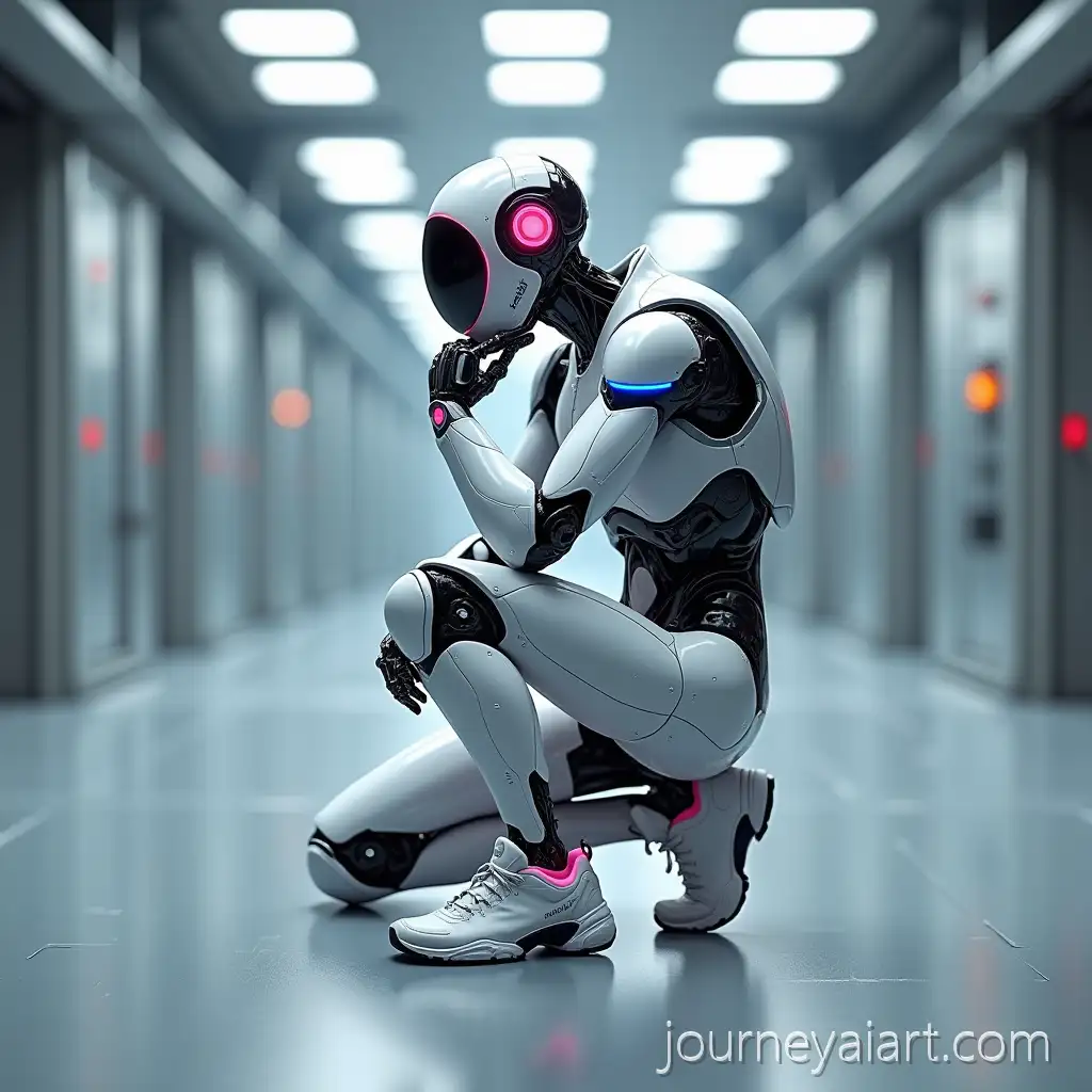 Futuristic-Robot-in-Contemplative-Pose-on-SciFi-Industrial-Floor