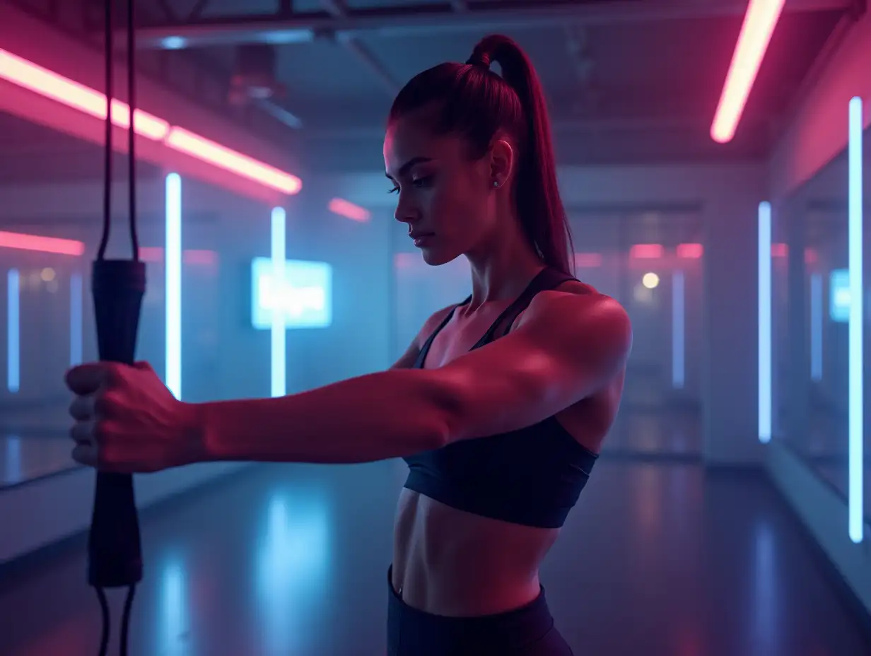 Fitness trainer with a resistance band, in a high-tech gym, neon lights, dynamic pose, 3D rendering