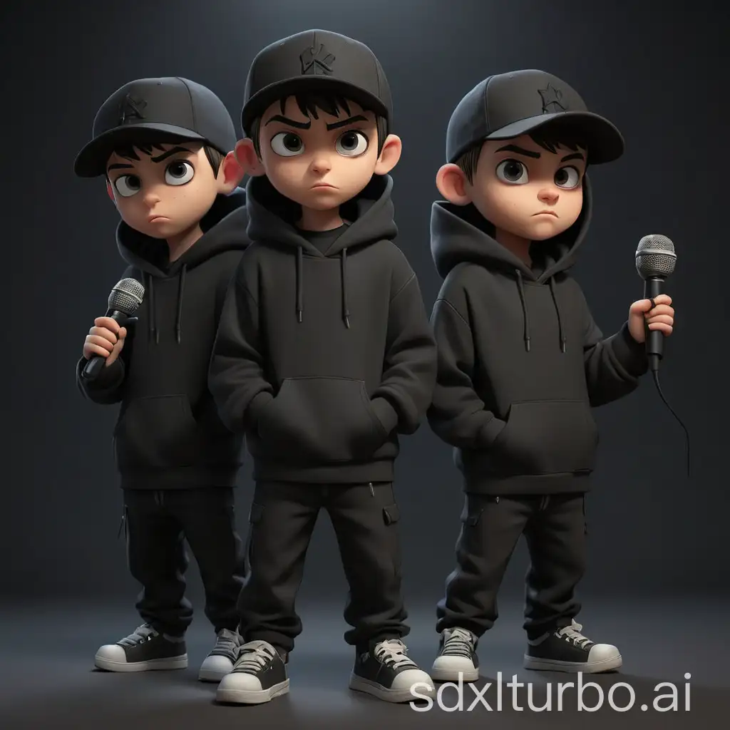 two gang boys standing , they wear black hoodies , one of them wearing a black cap and holding a microphone , dark ambient , 3d cartoon style