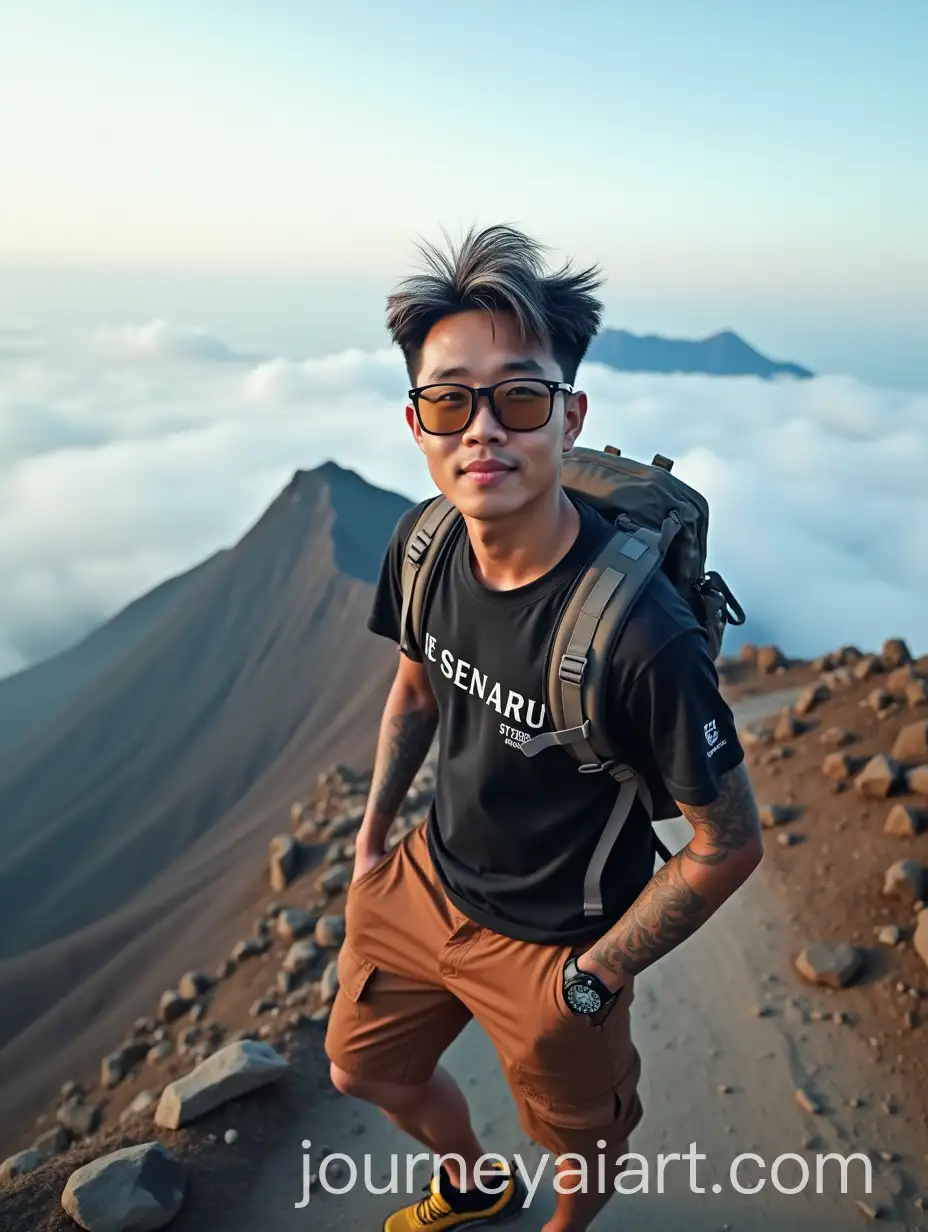 Korean-Adventurer-Climbing-Mount-Semeru-with-Vibrant-Streetwear-and-Gear