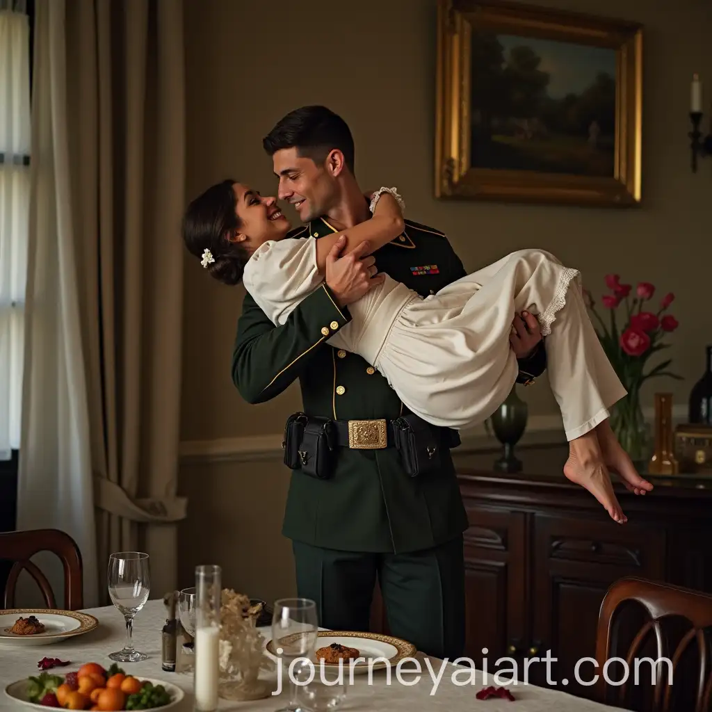Soldier-Carrying-Maid-into-House-with-Dining-Table-in-the-Background