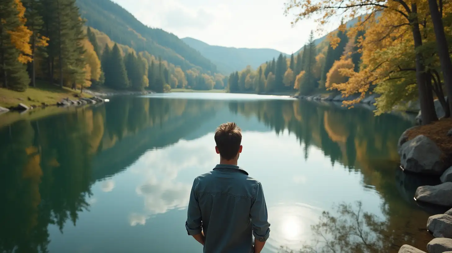 Man Reflecting by Still Lake in Serene Nature Scene