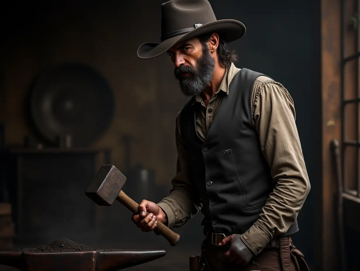 An American 1800s era old west blacksmith. He is not wearing a hat. He has no gun.  He holds a hammer and is striking an anvil with the hammer. His face and clothes are covered in blackened soot.