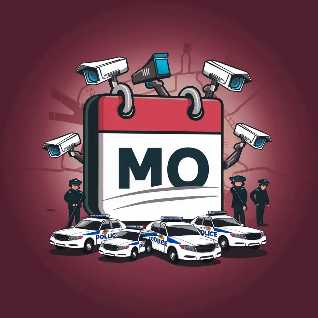 a vector logo design,with the text "MO", main symbol:A calendar that shows a map of the city and the cameras that monitor it. The background is burgundy with a gradient. Police cars and people guarding it are also depicted ,complex,clear background