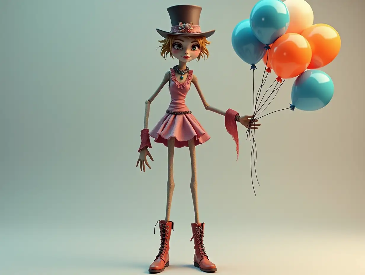  A very long 3-D female figure with extremely thin legs and long thin arms with top hat and boots and wearing jewelry.and has several balloons in hand 4K resolution Colorful