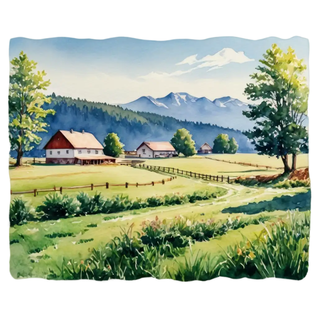 Dairy-Farm-Landscape-PNG-Image-with-Mountain-Background-Watercolor-Style-for-Summer-Visuals